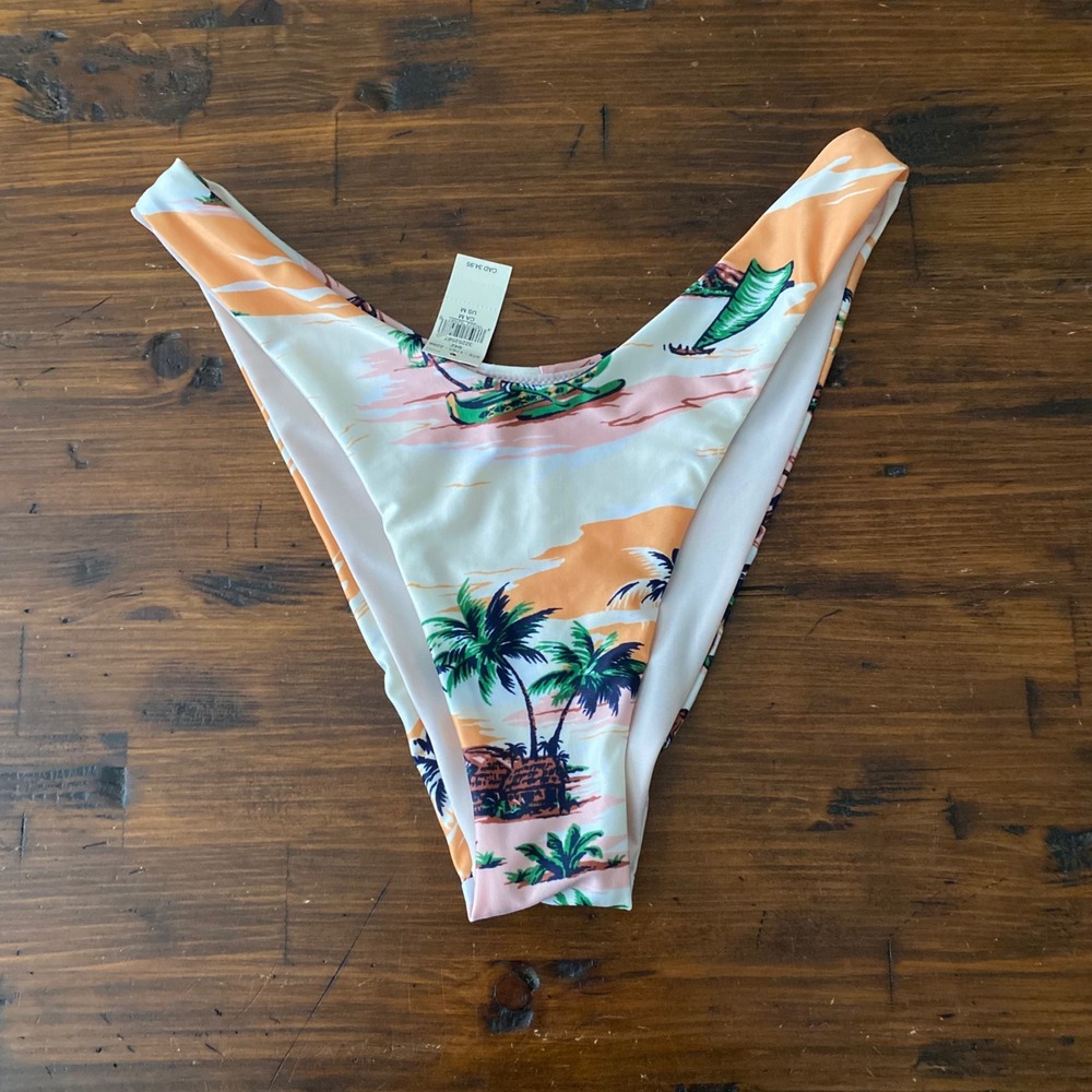 NWT Aerie Cheekier Bikini Bottom Tropical Palm Tree Print Orange Pink Green Sz M